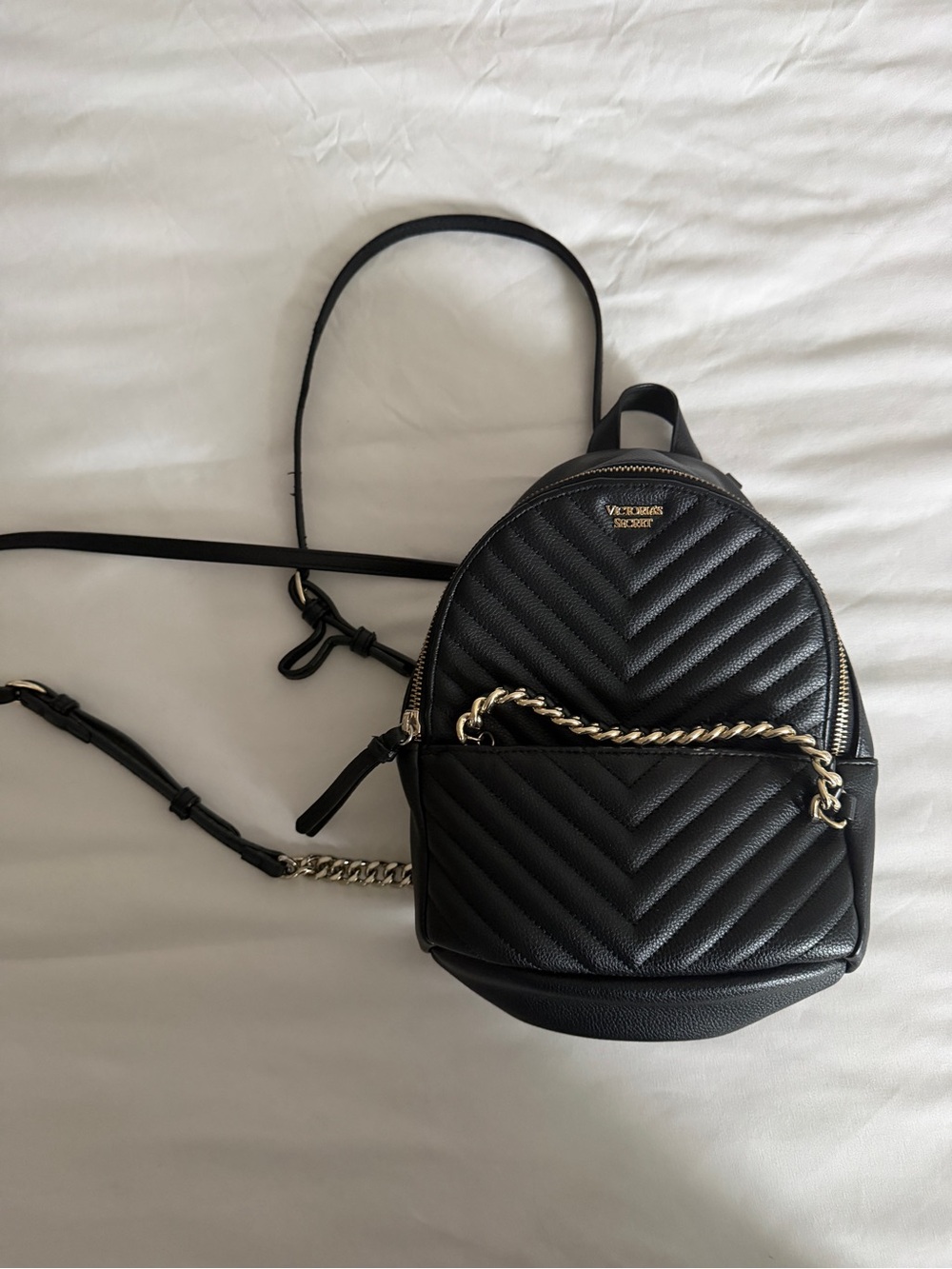 Victoria's Secret Black Quilted Mini Backpack with Gold Chain